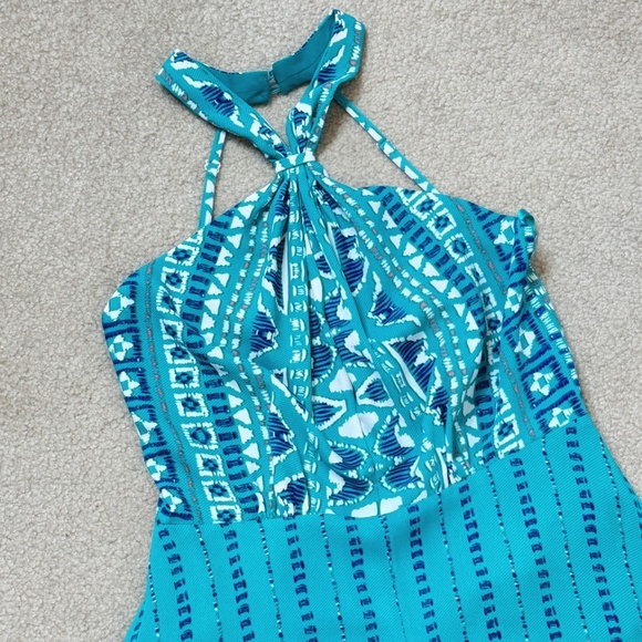 BCBG MAXAZRIA Dress Occasion Open Back Halter Top Handkerchief Hem Blue Print - Picture 6 of 16